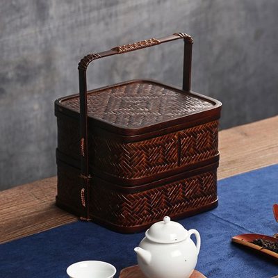 手工竹编中式食盒仿古双层手提篮野餐祭祖日式大漆提篮茶具收纳