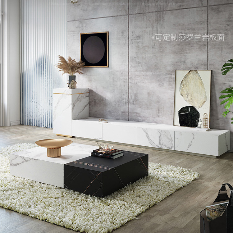 名墅意式极简岩板长茶几电视柜组合实木小户型后现代简约客厅家具