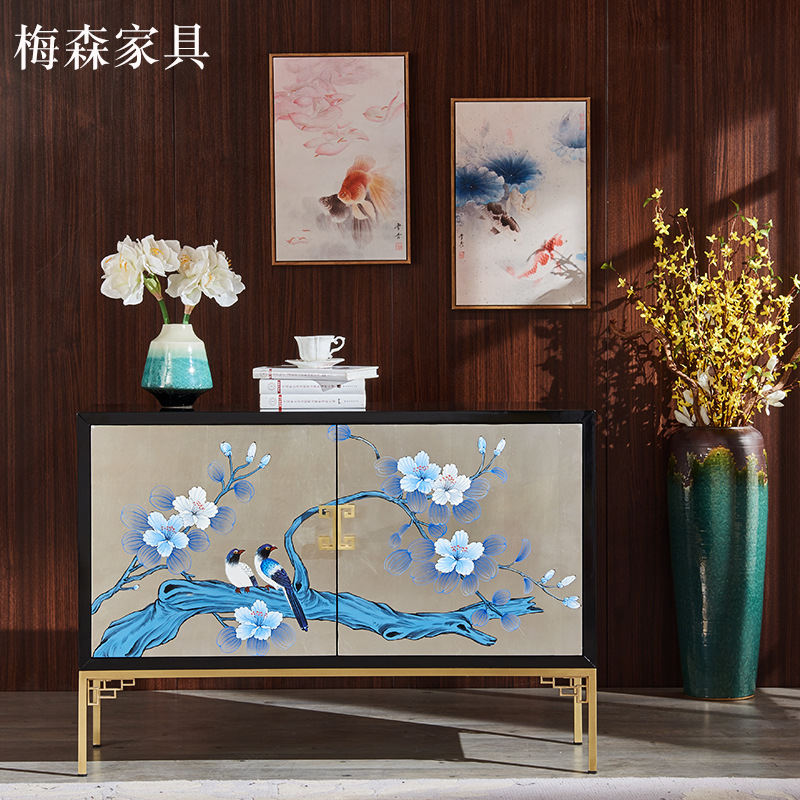 新中式玄关柜家具 黑色烤漆比翼鸟彩绘家具 入户实木铜艺漆器家具