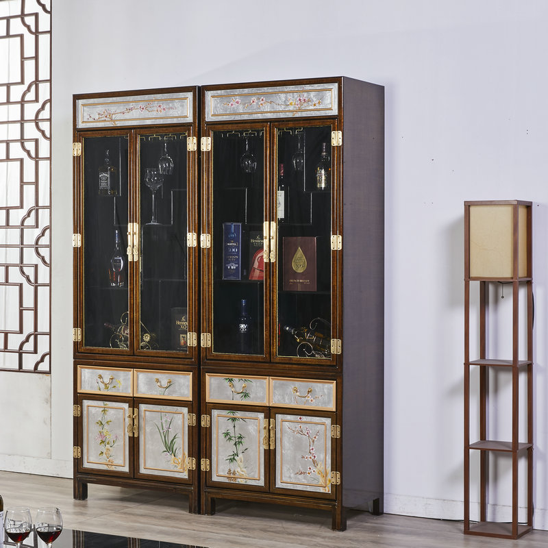 新中式彩绘组合玻璃酒柜 储物橱柜多功能展示柜客厅装饰柜可定制