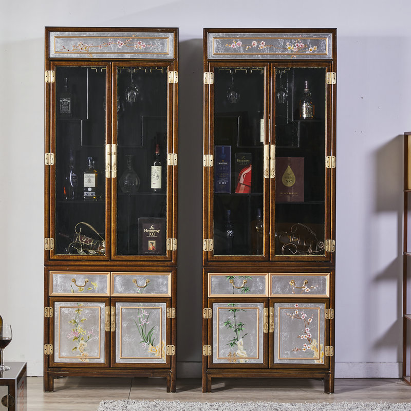 新中式彩绘组合玻璃酒柜 储物橱柜多功能展示柜客厅装饰柜可定制