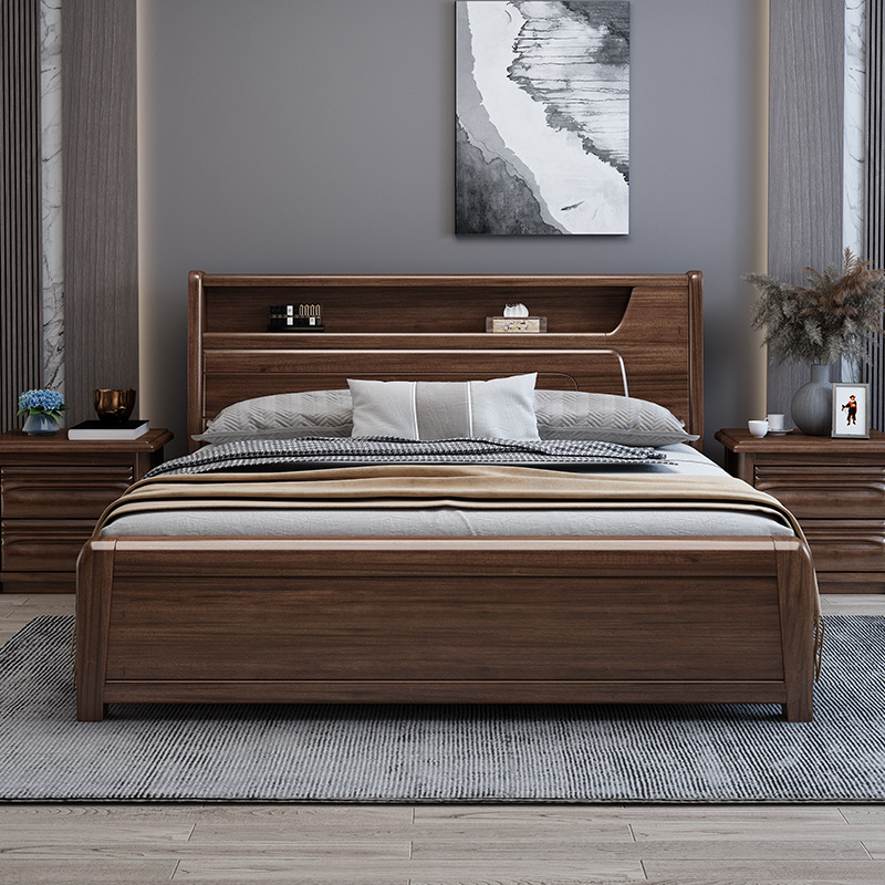 胡桃木实木床1.8米双人床现代简约1.5北欧床新中式高箱储物主卧床