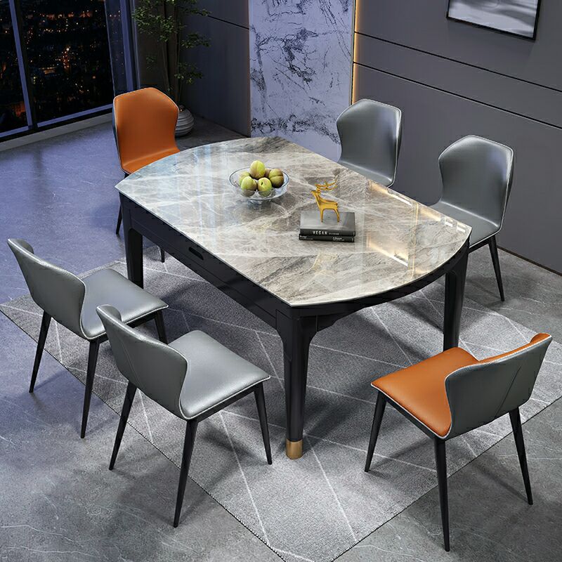 亮光岩板餐桌现代简约家用轻奢小户型折叠餐桌椅组合可伸缩圆桌子