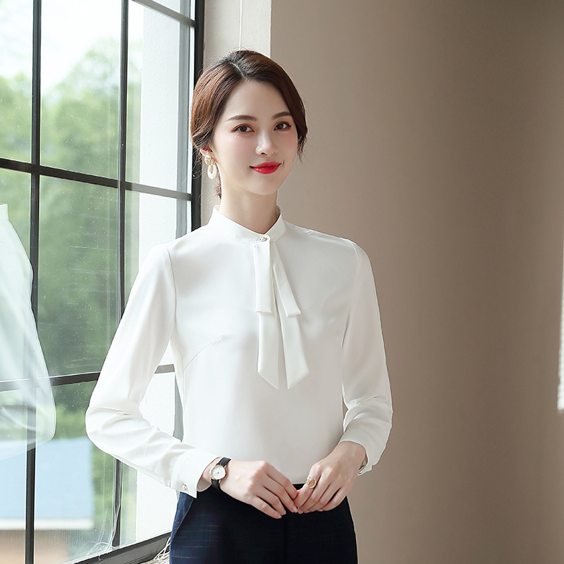 立领衬衫女长袖秋季新款长袖韩版职业装正装修身显瘦系带上衣