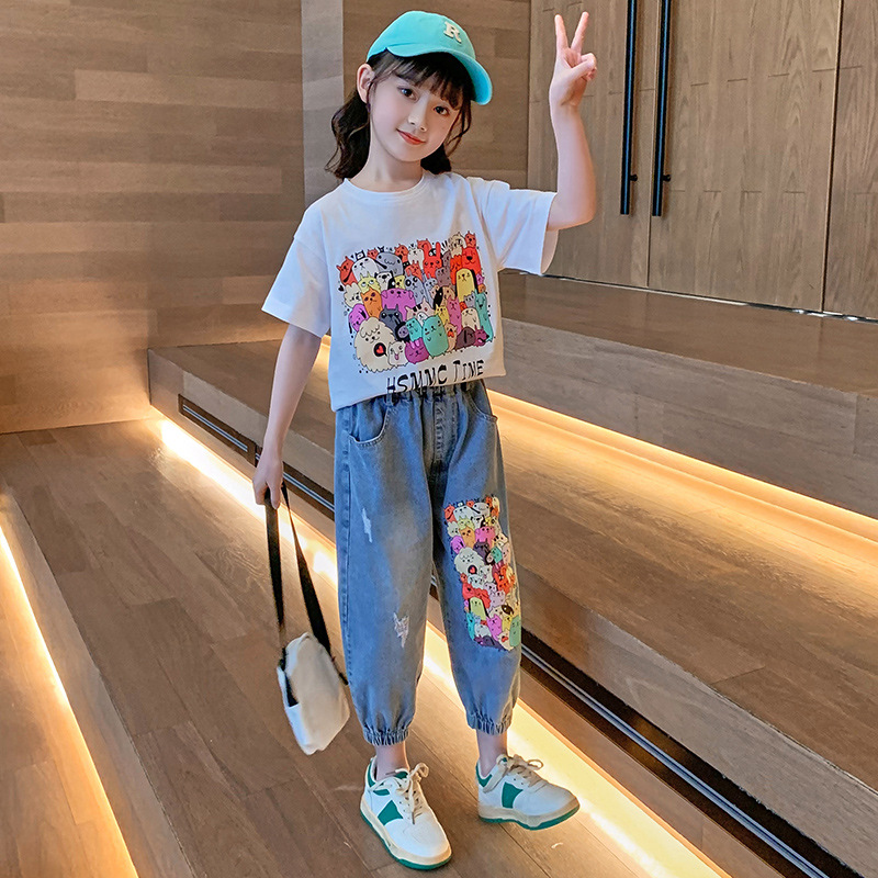 卡通印花女童牛仔套装夏装2022年新款韩版儿童衣服中大童两件套潮
