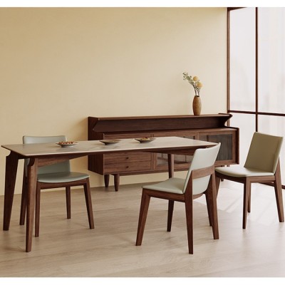 意式岩板餐桌 实木长方桌家用小户型北欧黑胡桃桌 现代简约餐桌椅