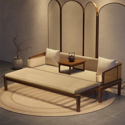新中式藤编实木沙发床可推拉小户型家用客厅伸缩两用沙发民宿酒店